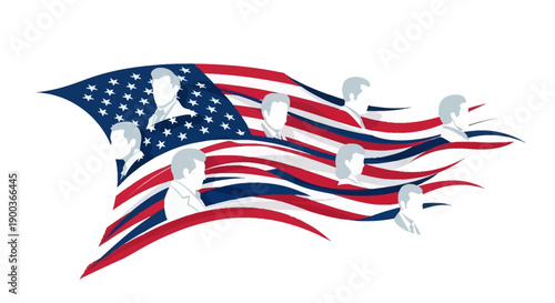 Vector illustration of an American flag waving with presidential portraits in a decorative frame for Presidents Day celebration on a white background.