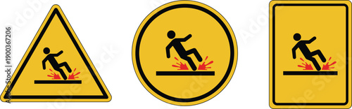 Slippery surface warning sign icon set showing falling person hazard symbols vector illustration safety caution design