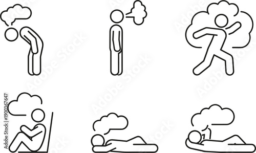 Mental health stress anxiety icon set showing depressed people poses emotion cloud vector illustration minimal outline design