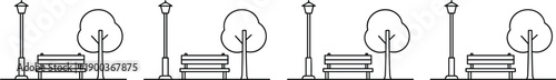 Park bench street scene icon set showing trees lamps outdoor urban landscape vector illustration minimal outline design