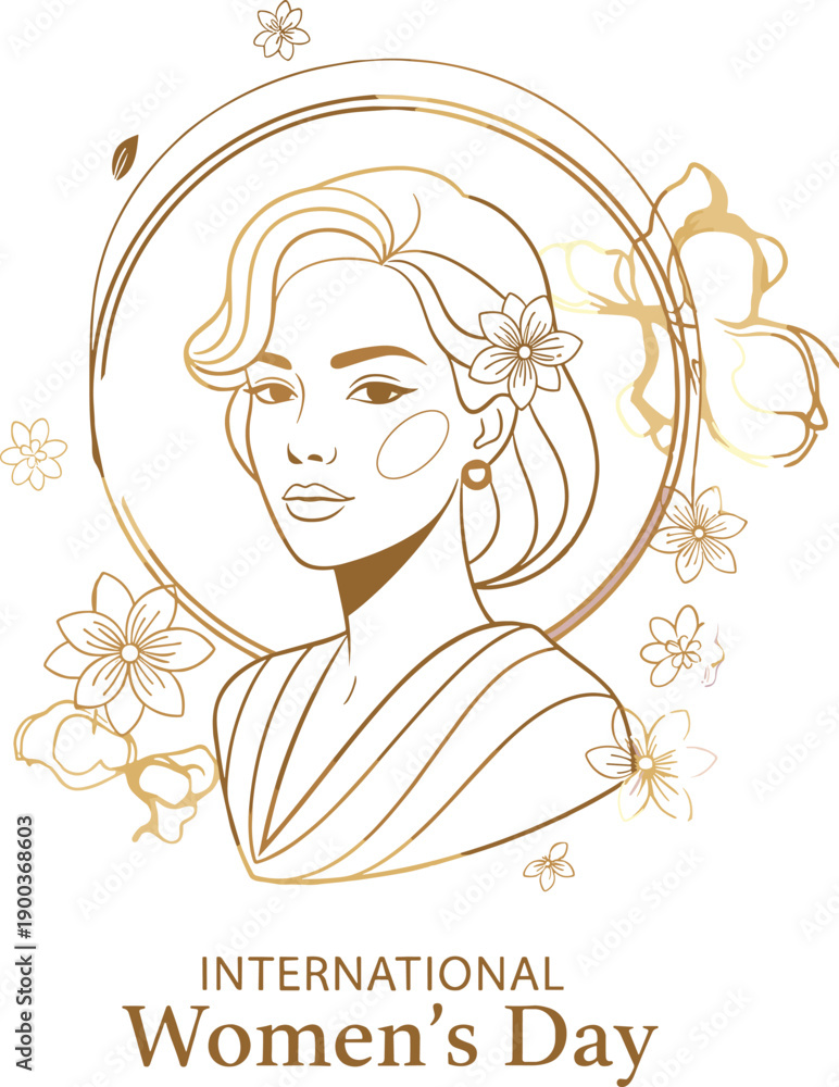 Fototapeta International Women’s Day floral portrait artwork, feminine beauty tribute, empowerment celebration design, decorative circular motif illustration,  flat vector illustration