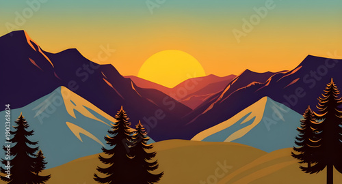 sunset, mountains, hills, peaks, ridge, landscape, nature, sky, clouds, horizon, dusk, evening, twilight, glow, light, warm, amber, pink, purple, blue, gradient, calm, peaceful, scenic, cartoon, illus