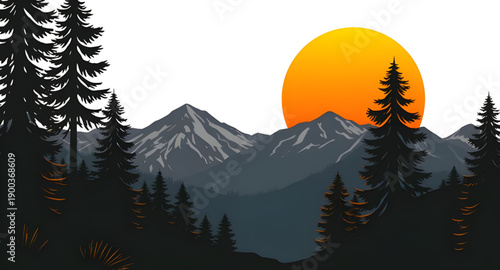 sunset, mountains, hills, peaks, ridge, landscape, nature, sky, clouds, horizon, dusk, evening, twilight, glow, light, warm, amber, pink, purple, blue, gradient, calm, peaceful, scenic, cartoon, illus