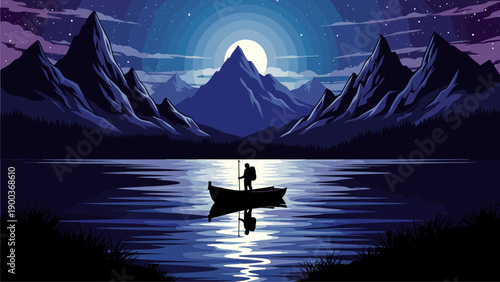 Moonlit Pixel Art Lake Landscape with Mountains and Lone Boater