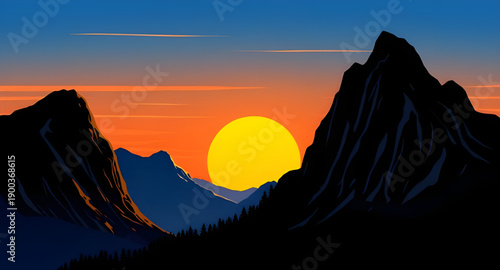 sunset, mountains, hills, peaks, ridge, landscape, nature, sky, clouds, horizon, dusk, evening, twilight, glow, light, warm, amber, pink, purple, blue, gradient, calm, peaceful, scenic, cartoon, illus
