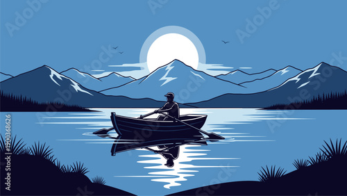 Peaceful rowing on a mountain lake at sunrise/sunset. Minimalist vector illustration in blue tones.