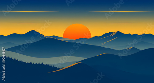 sunset, mountains, hills, peaks, ridge, landscape, nature, sky, clouds, horizon, dusk, evening, twilight, glow, light, warm, amber, pink, purple, blue, gradient, calm, peaceful, scenic, cartoon, illus