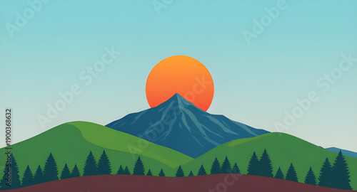 sunset, mountains, peaks, hills, valley, landscape, nature, sky, clouds, horizon, dusk, twilight, glow, light, warm, golden, orange, red, blue, pastel, calm, peaceful, scenic, cartoon, illustration, b