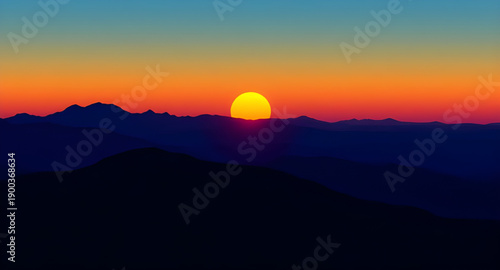 sunset, mountains, peaks, hills, valley, landscape, nature, sky, clouds, horizon, dusk, twilight, glow, light, warm, golden, orange, red, blue, pastel, calm, peaceful, scenic, cartoon, illustration, b