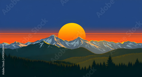 sunset, mountains, peaks, hills, valley, landscape, nature, sky, clouds, horizon, dusk, twilight, glow, light, warm, golden, orange, red, blue, pastel, calm, peaceful, scenic, cartoon, illustration, b