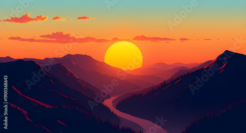 sunset, mountains, peaks, hills, valley, landscape, nature, sky, clouds, horizon, dusk, twilight, glow, light, warm, golden, orange, red, blue, pastel, calm, peaceful, scenic, cartoon, illustration, b