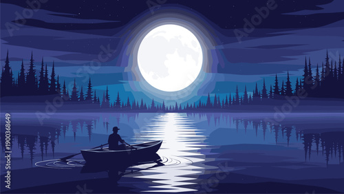 Full Moon Night on Calm Lake with Lone Boater. Serene Pine Forest Reflection Under Moonlight. Peaceful Nocturnal Landscape Vector.