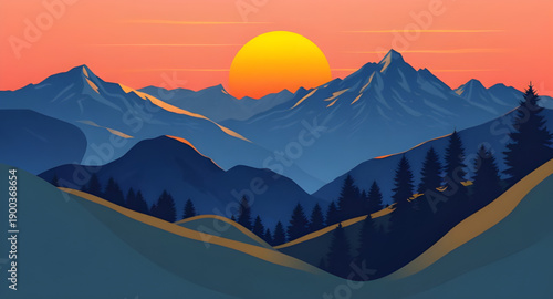 sunset, mountains, hills, peaks, landscape, nature, sky, clouds, horizon, dusk, twilight, evening, glow, light, warm, orange, pink, purple, blue, gradient, calm, peaceful, scenic, cartoon, illustratio
