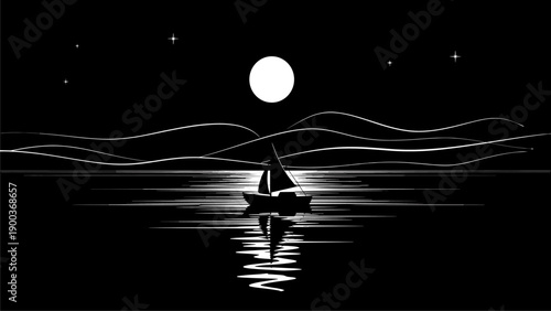 Minimalist Black and White Sailboat at Night: Full Moon, Starry Sky, and Water Reflection
