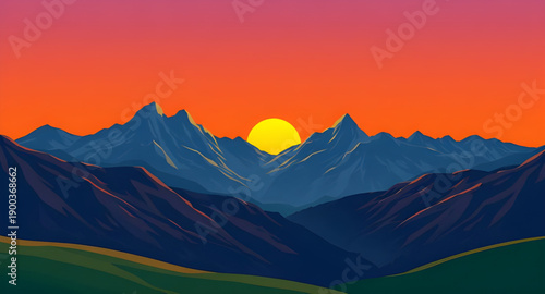 sunset, mountains, hills, peaks, landscape, nature, sky, clouds, horizon, dusk, twilight, evening, glow, light, warm, orange, pink, purple, blue, gradient, calm, peaceful, scenic, cartoon, illustratio
