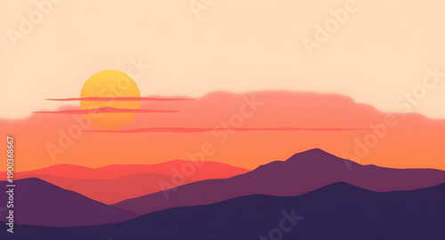 sunset, mountains, hills, peaks, ridge, landscape, nature, sky, clouds, horizon, dusk, twilight, glow, light, warm, golden, orange, pink, blue, gradient, calm, peaceful, scenic, cartoon, illustration,