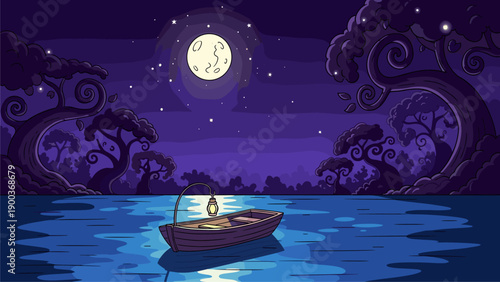 Enchanted moonlit night on a tranquil lake with a glowing lantern boat and whimsical forest landscape. Dreamy fantasy illustration.