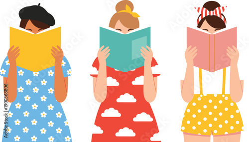 Cute Girls Reading Books Vector Illustration Set with Colorful Dresses, Young Women Characters for Education, Learning, and Lifestyle Designs