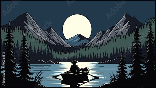 Peaceful Night Lake Scenery with Rower, Full Moon, Mountains, and Evergreen Forest - Vector Illustration