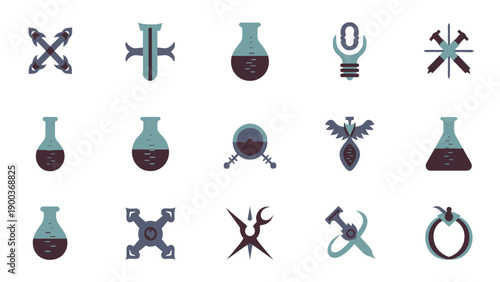 Flat Design Alchemy & Science Icon Set. Vector Symbols with Flasks, Potions, and Abstract Elements for Magic, Chemistry, and Fantasy.