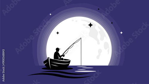 Lone Fisherman Silhouette Under Full Moon at Night. Peaceful Vector Illustration of Boat Fishing on Water with Stars.