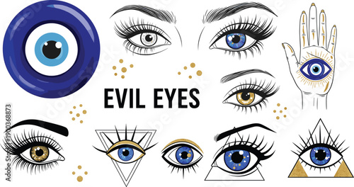 Evil Eye Vector Illustration Set with Mystic Eyes, Protective Amulet Symbols, Hand Palm Iconography for Spiritual, Occult, and Decorative Designs