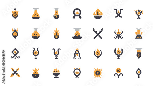 Fantasy Alchemy & Magic Icons Set. Potions, Elixirs, Spells, and Mystical Symbols in Dark Gold Flat Design.