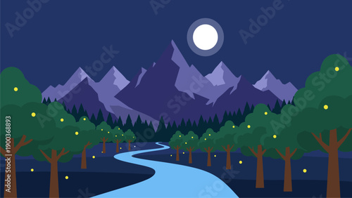 Magical Moonlit Night Landscape with River, Mountains, Forest, and Glowing Lights. Flat Design Vector Illustration.