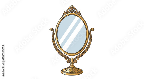Exquisite antique-style oval vanity mirror with an ornate golden frame resting on a elegant stand, evoking timeless beauty.