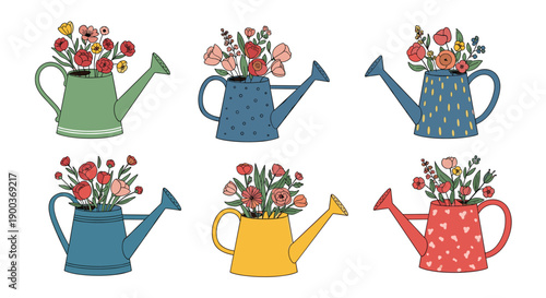 Delightful collection of six colorful watering cans each overflowing with an abundance of vibrant and diverse flowers.