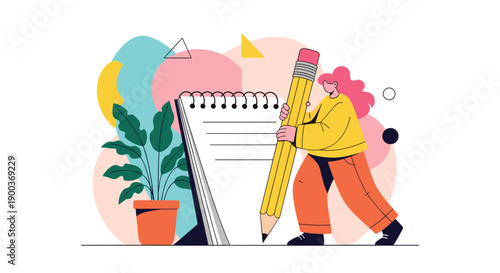 Creative female character energetically writing in a large notebook with a giant pencil surrounded by abstract shapes.
