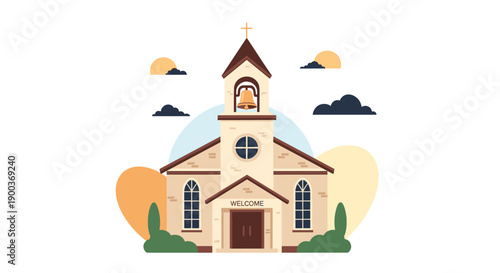 Traditional church building with a prominent bell tower and welcome sign surrounded by abstract hills clouds and sun.