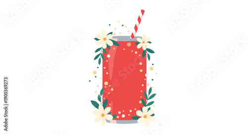 A refreshing red soda can adorned with delicate white flowers and green leaves suggesting a vibrant and natural drink experience.