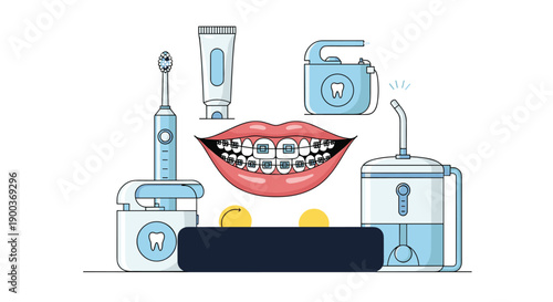 An assortment of essential dental care items including an electric toothbrush toothpaste dental floss and orthodontic braces for healthy teeth.