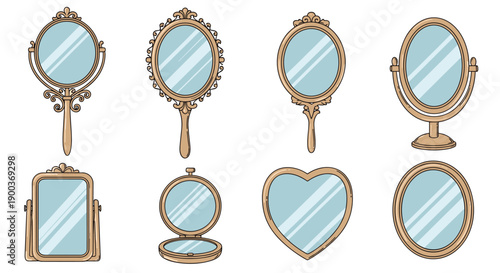 A diverse collection of elegant vintage mirrors in various shapes and designs perfect for enhancing classic interior decor and personal grooming.