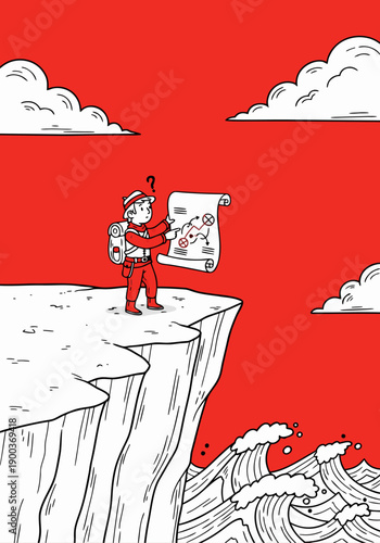 Adventurous explorer studying a treasure map on a cliff edge above a turbulent ocean, contemplating the next move with a question mark symbolizing uncertainty