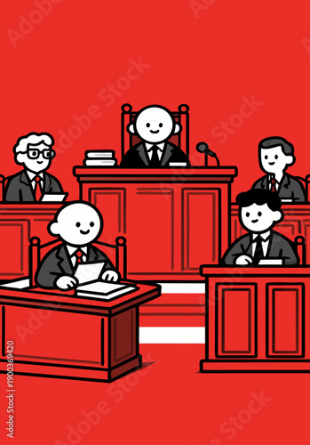 Court Trial Scene with Judges and Lawyers Vector Illustration

