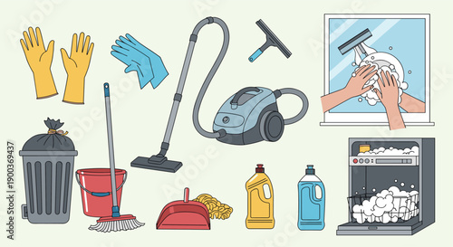 A comprehensive collection of household cleaning supplies and equipment including vacuums gloves and detergents for efficient home maintenance.