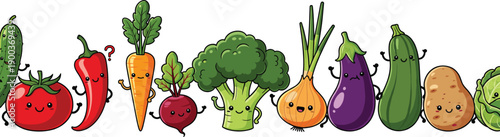 Cute Cartoon Vegetable Characters Vector Illustration Set with Smiling Healthy Food Icons for Kids Education, Nutrition, and Fun Designs