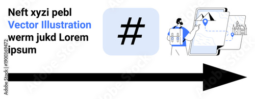 Man reviewing a digital map alongside navigation icons thumbs up a metadata tag and location pin. Bold arrow suggests direction or movement. Ideal for navigation, travel, direction, planning