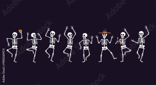A lively group of dancing skeletons in various poses some wearing hats perfect for a fun and spooky Halloween party or decoration.