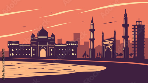 Mumbais majestic skyline at sunset captures the citys iconic architecture blending with the colorful sky, ideal for travel or editorial content.