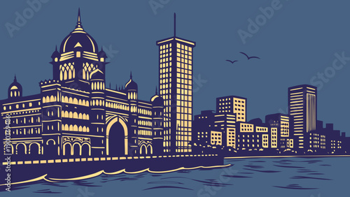 Mumbai skyline at night with lit landmarks, a vibrant cityscape view. Perfect for travel brochures, websites, and editorial content.