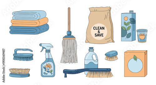 A comprehensive set of laundry and cleaning products including towels mops detergents and brushes for effective household chores.