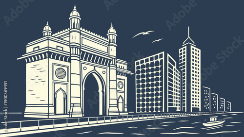 Mumbai skyline with the gateway of india and modern buildings by the waterfront. Ideal for travel, architecture, and cityscape themes.