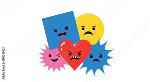 A vibrant group of various geometric shapes each featuring an angry facial expression conveying a dynamic range of strong emotions.