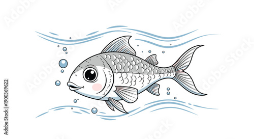A delightful cute cartoon fish with big eyes and shiny scales happily swimming in wavy water with bubbles illustrating underwater life.