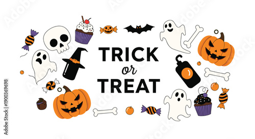 A fun "Trick or Treat" Halloween banner with pumpkins ghosts candies and bats creating a festive and spooky atmosphere for celebration.