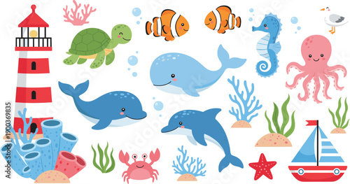 Cute Ocean Animals Vector Illustration Set with Whale, Dolphin, Turtle, Fish, Octopus, Lighthouse, and Sea Elements for Kids and Nursery Designs