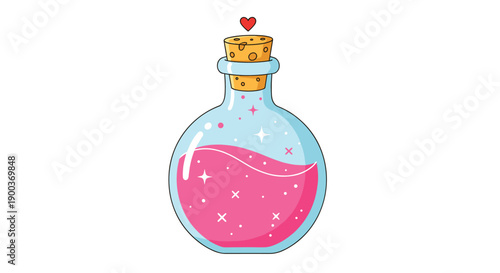 A sparkling magical love potion bottle filled with a vibrant pink liquid and a heart cork representing enchantment and romance.